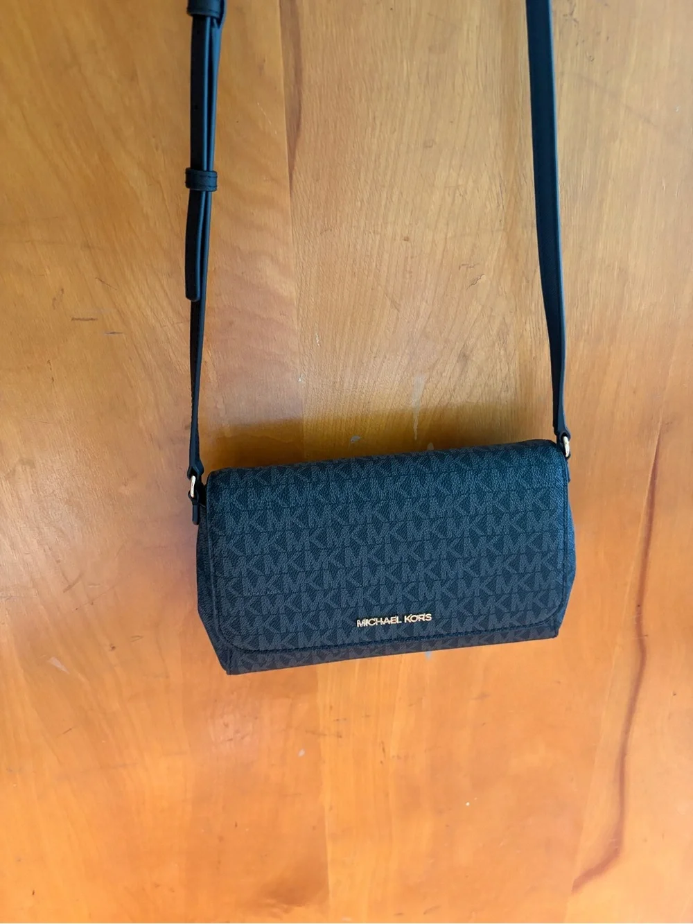 Michael Kors Black Logo-Print Crossbody with Gold Logo